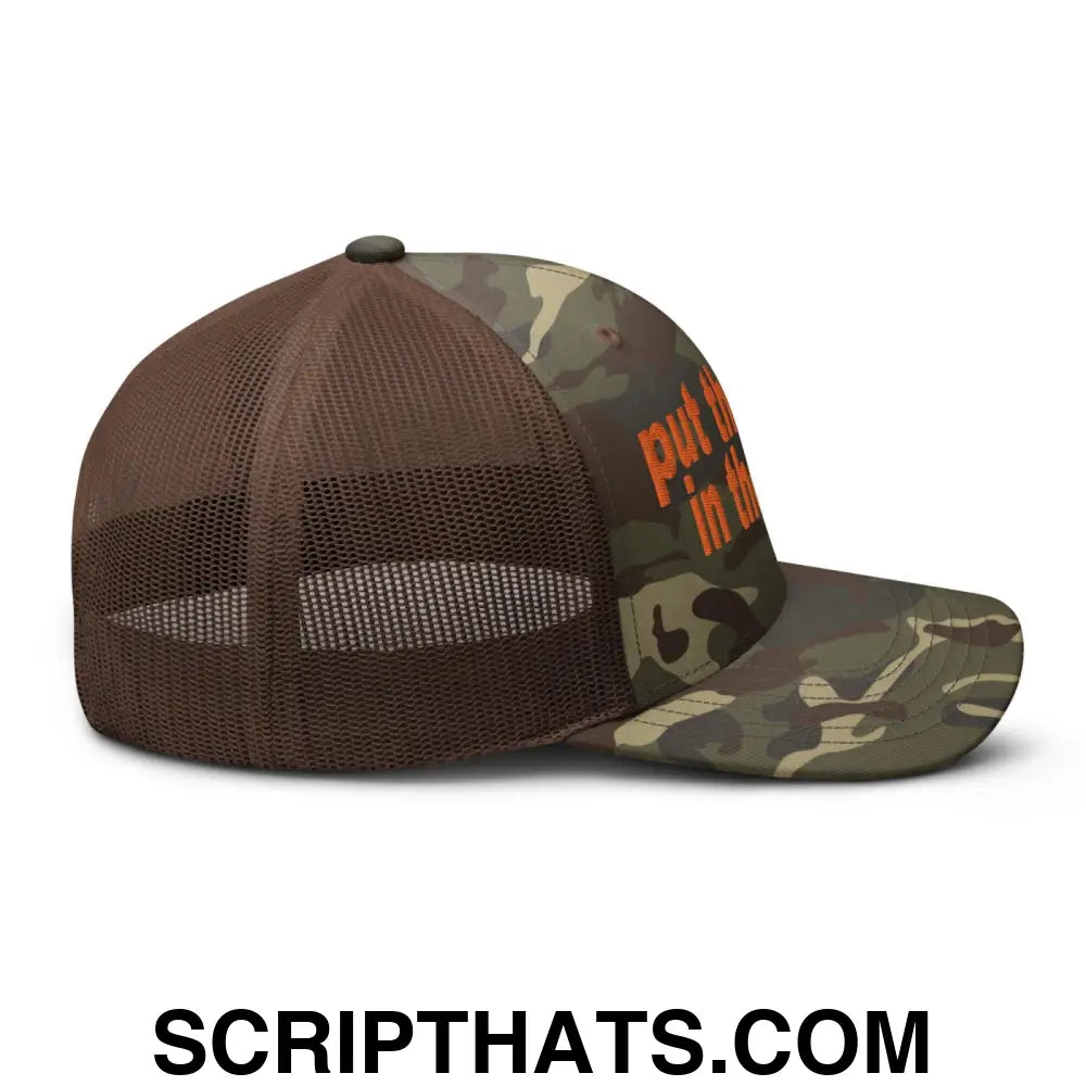 Put the Fries in the Bag Embroidered Orange Camo Trucker Hat Camo Brown