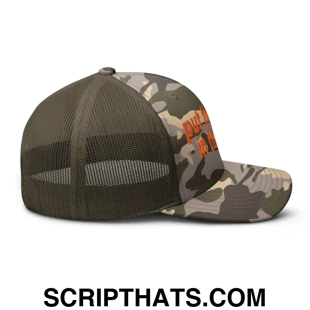 Put the Fries in the Bag Embroidered Orange Camo Trucker Hat Camo Olive