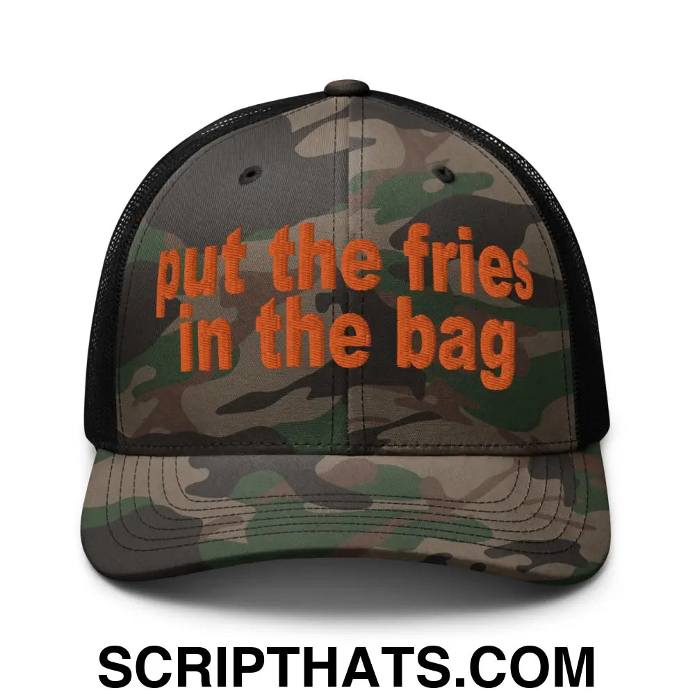 Put the Fries in the Bag Embroidered Orange Camo Trucker Hat Camo Black