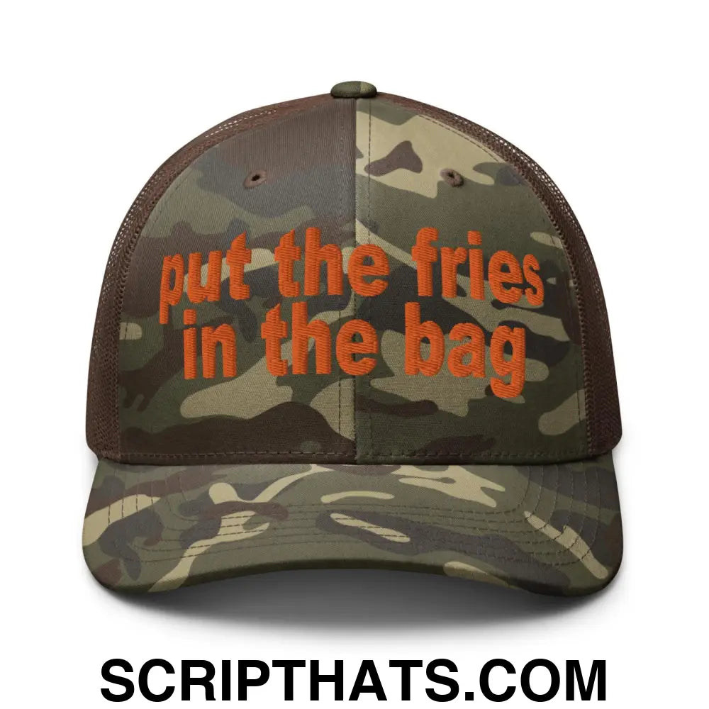 Put the Fries in the Bag Embroidered Orange Camo Trucker Hat Camo Brown