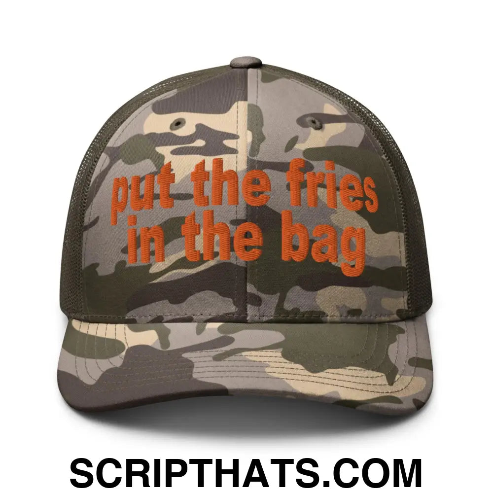 Put the Fries in the Bag Embroidered Orange Camo Trucker Hat Camo Olive