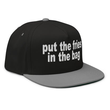 Put the Fries in the Bag Embroidered 5 Panel Flat Bill Brim Snapback Hat Black Grey