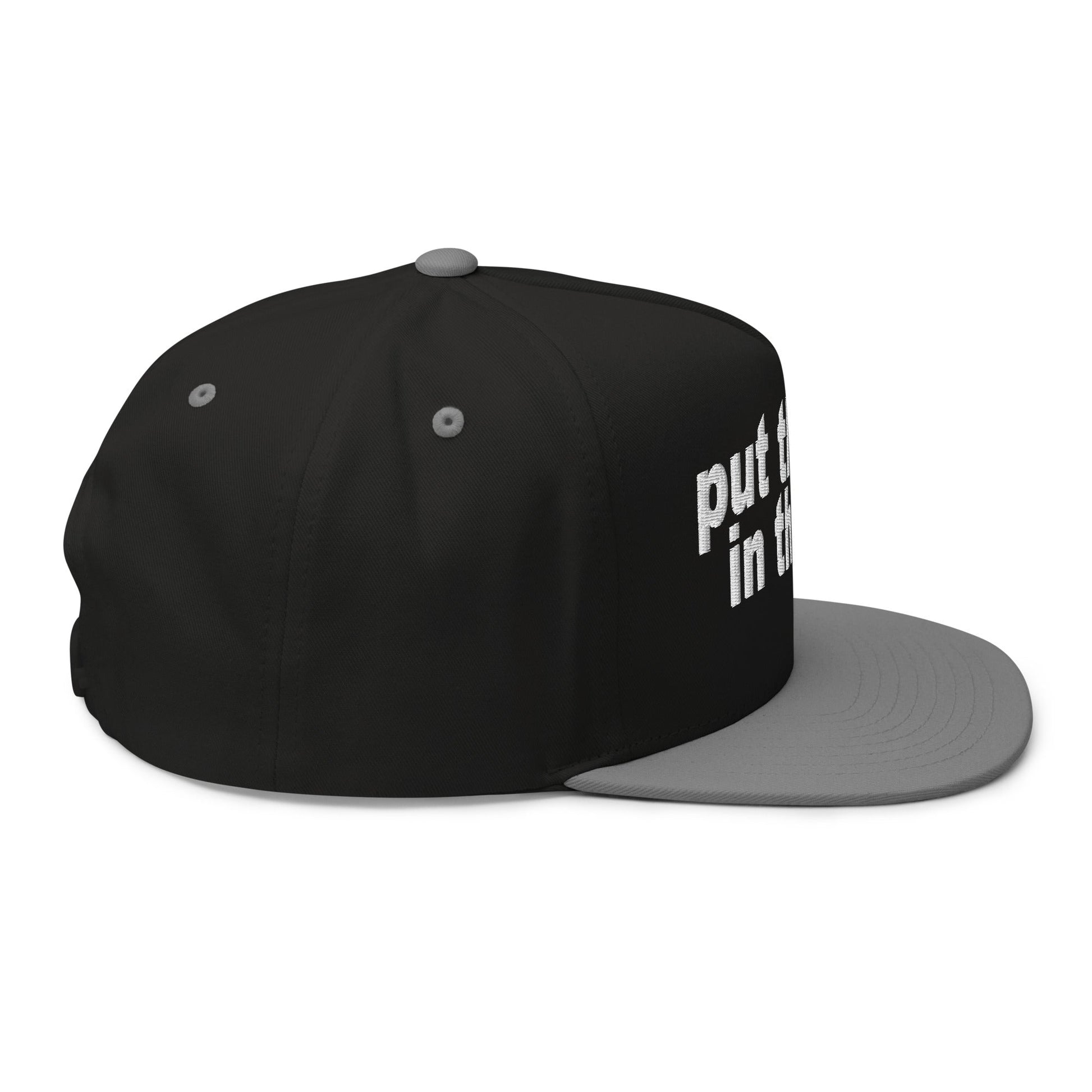 Put the Fries in the Bag Embroidered 5 Panel Flat Bill Brim Snapback Hat Black Grey