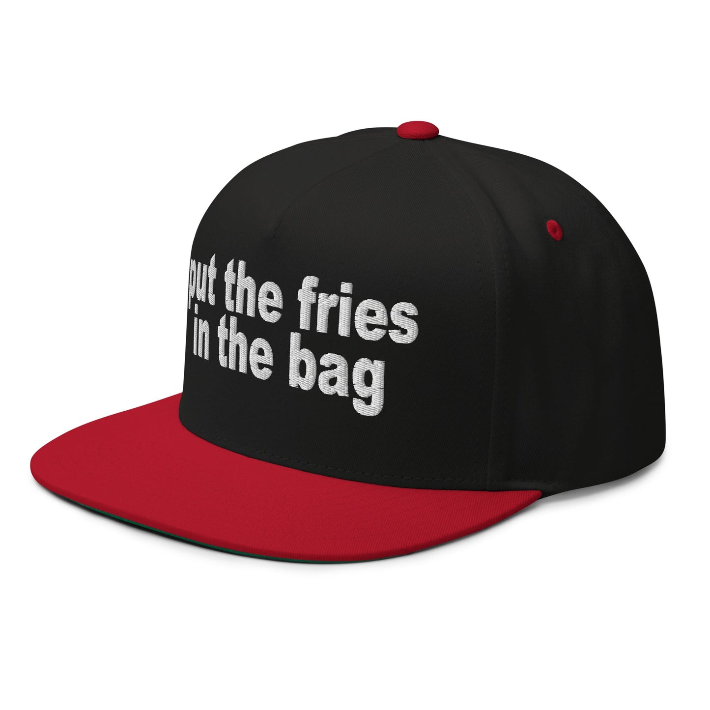 Put the Fries in the Bag Embroidered 5 Panel Flat Bill Brim Snapback Hat Black Red