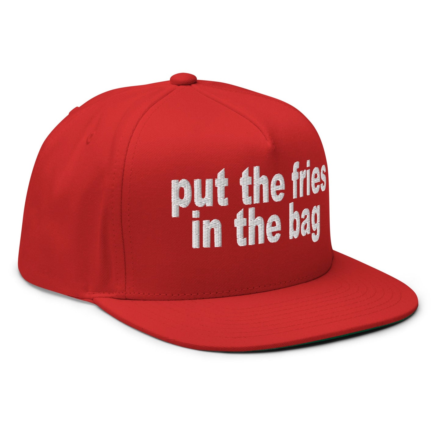 Put the Fries in the Bag Embroidered 5 Panel Flat Bill Brim Snapback Hat Red