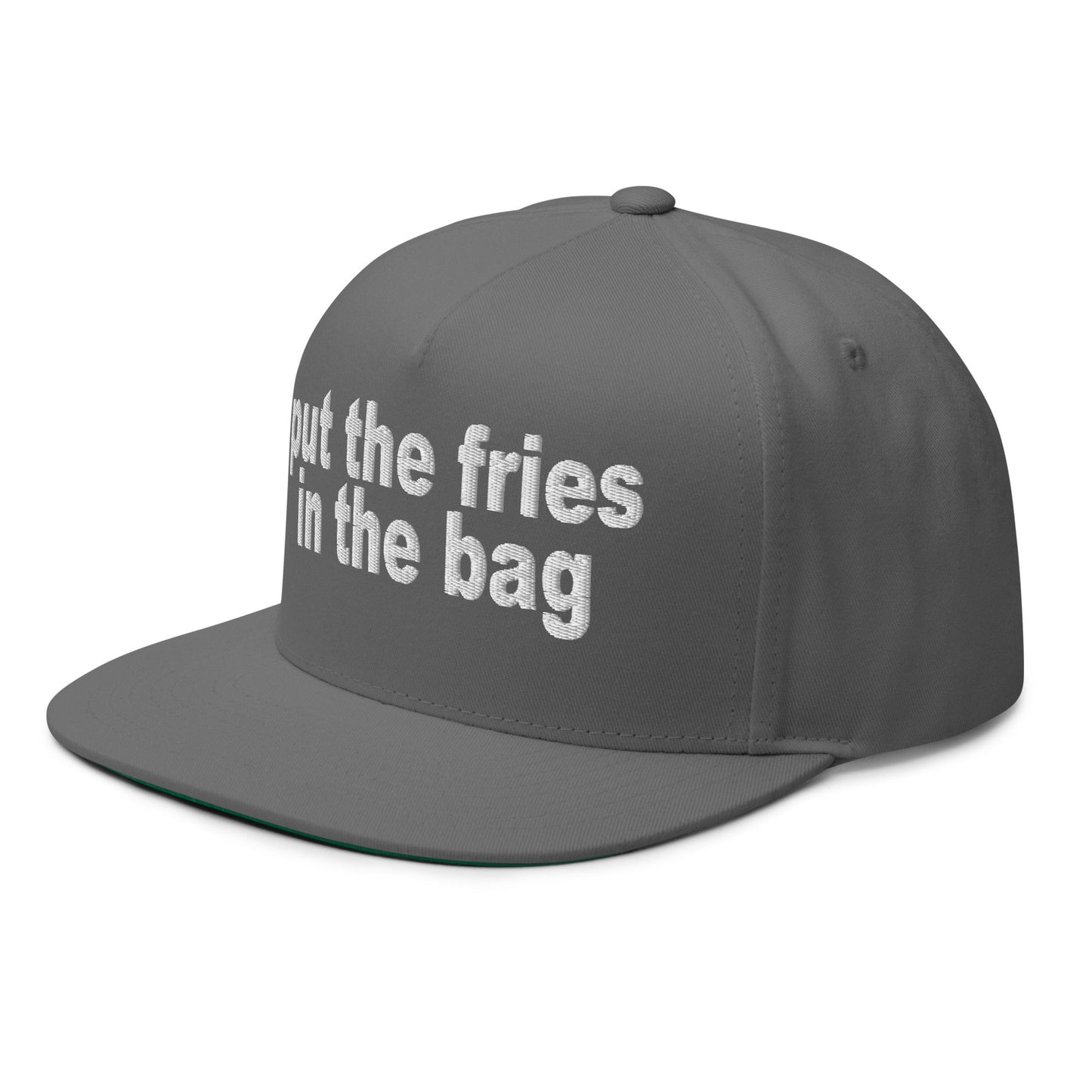 Put the Fries in the Bag Embroidered 5 Panel Flat Bill Brim Snapback Hat Grey