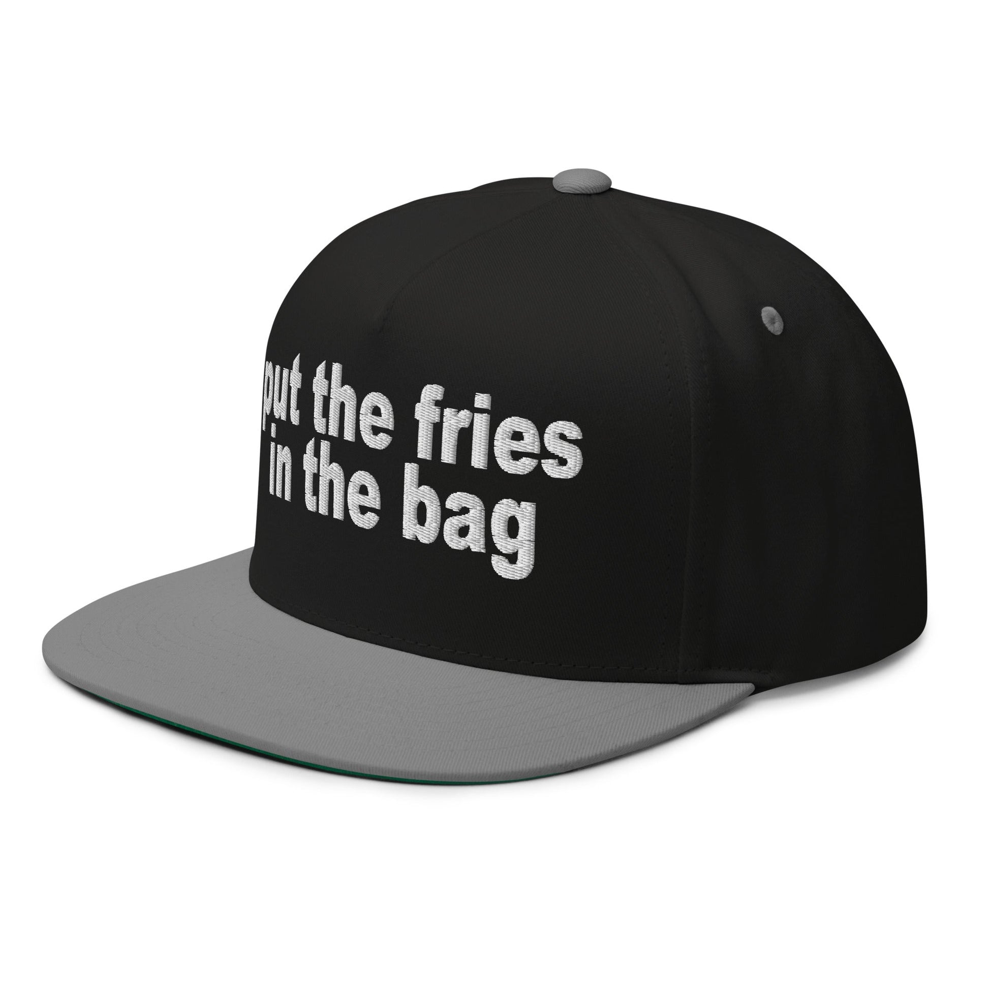 Put the Fries in the Bag Embroidered 5 Panel Flat Bill Brim Snapback Hat Black Grey