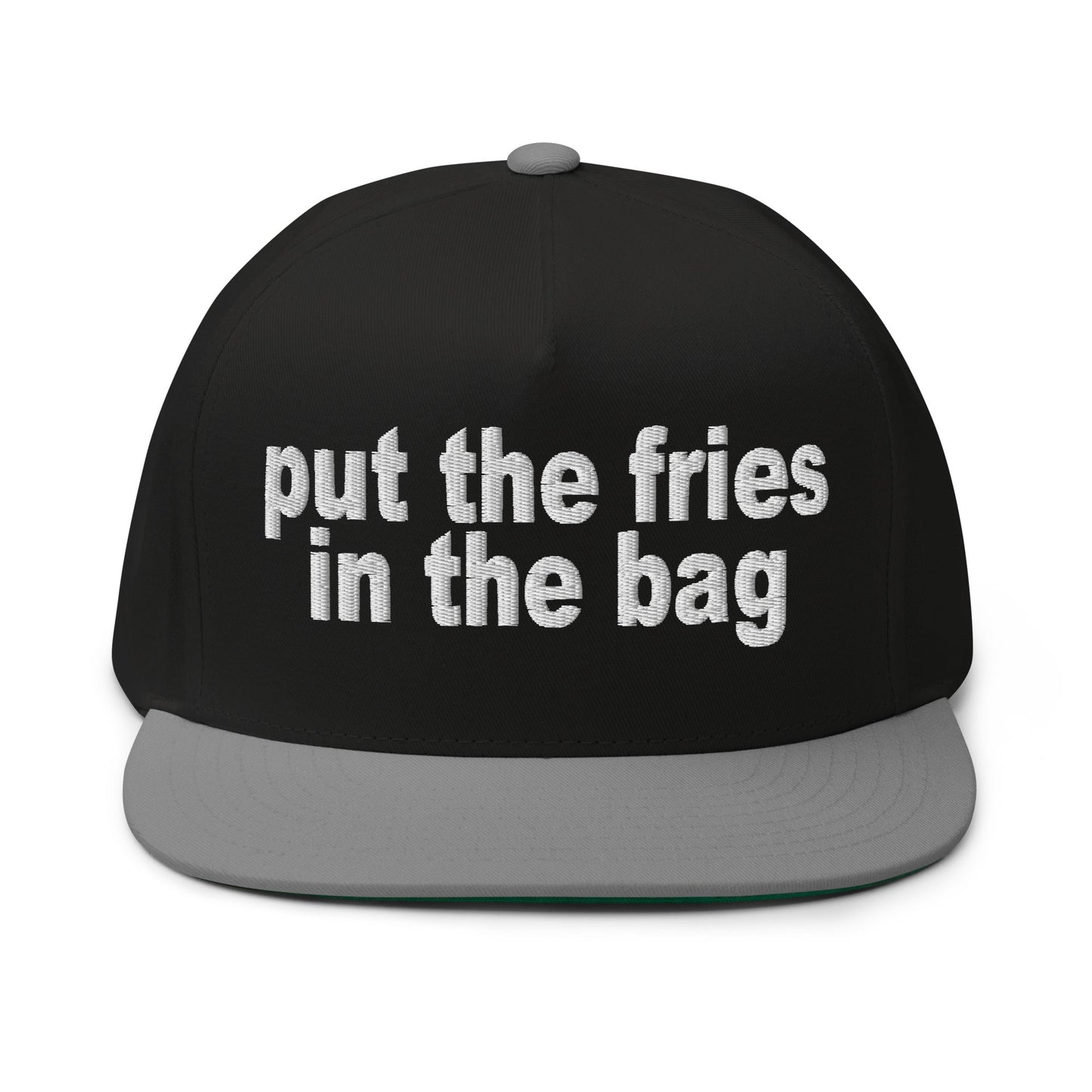 Put the Fries in the Bag Embroidered 5 Panel Flat Bill Brim Snapback Hat Black Grey