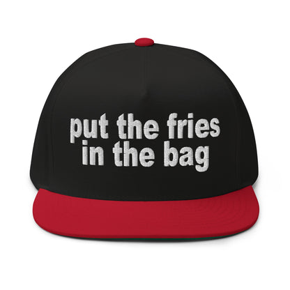 Put the Fries in the Bag Embroidered 5 Panel Flat Bill Brim Snapback Hat Black Red