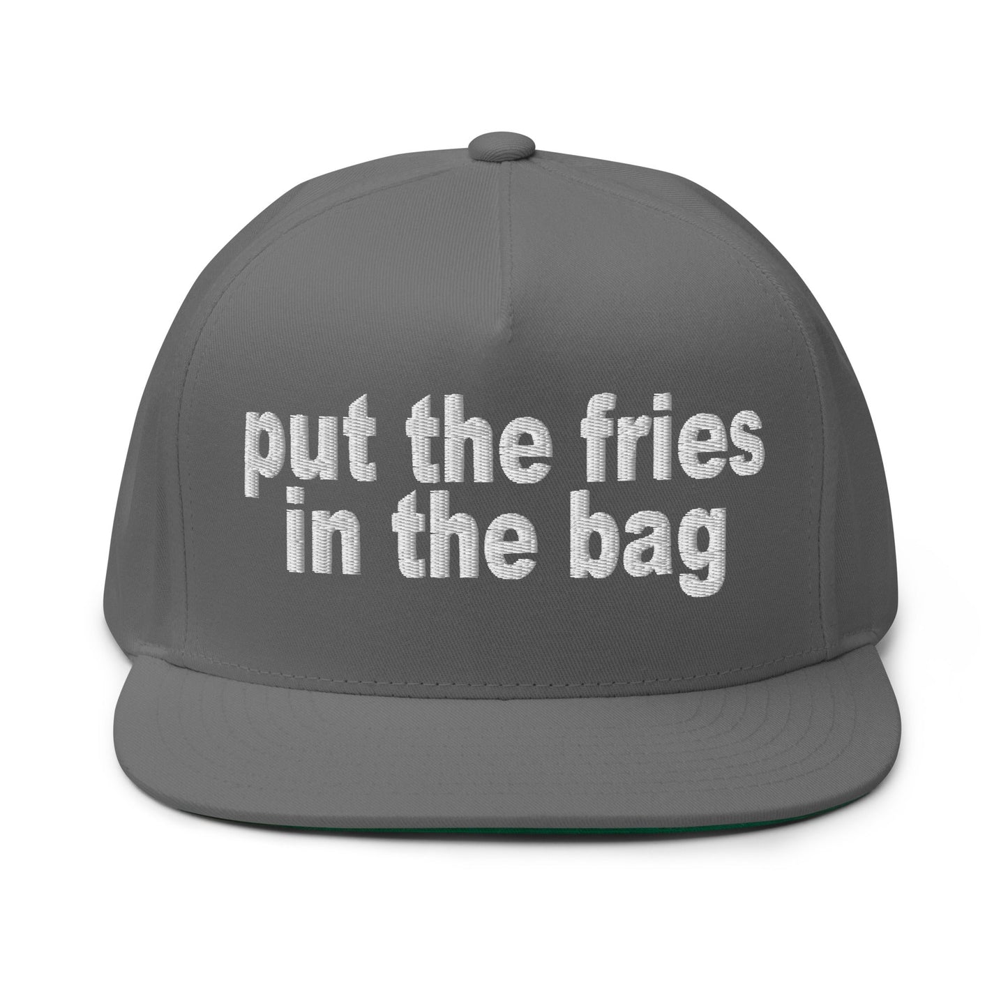 Put the Fries in the Bag Embroidered 5 Panel Flat Bill Brim Snapback Hat Grey