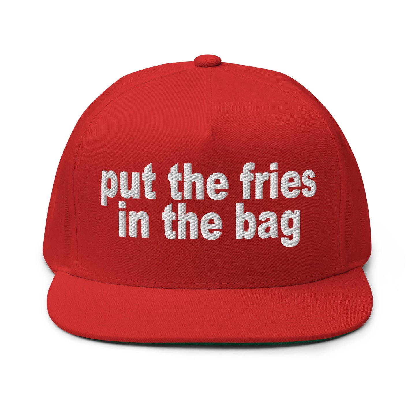 Put the Fries in the Bag Embroidered 5 Panel Flat Bill Brim Snapback Hat Red