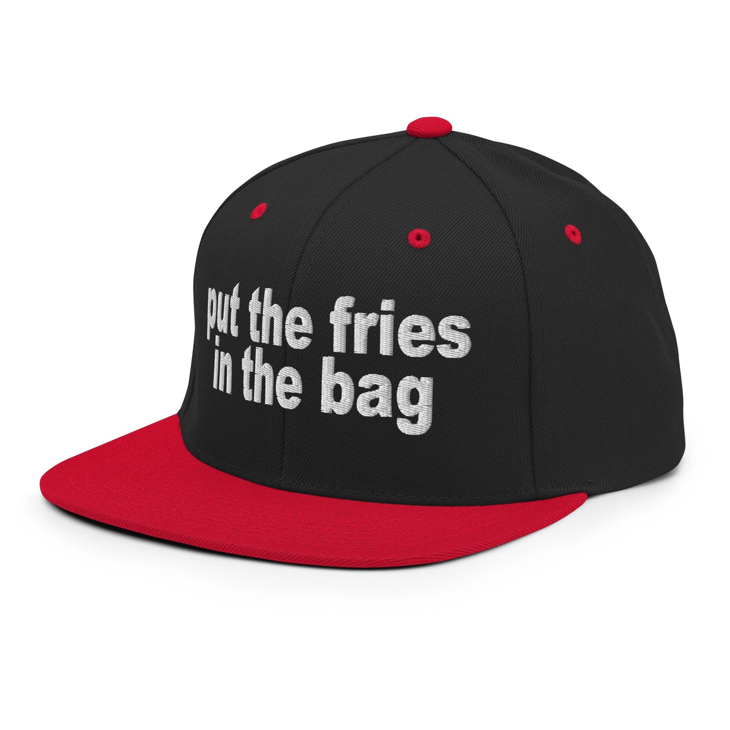 Put the Fries in the Bag Embroidered Flat Bill Brim Snapback Hat Black Red