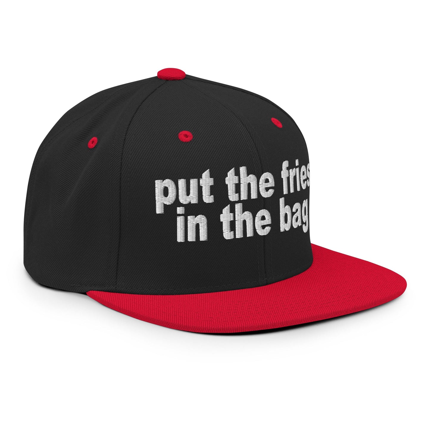 Put the Fries in the Bag Embroidered Flat Bill Brim Snapback Hat Black Red