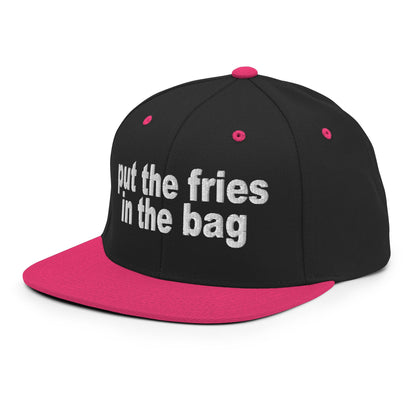 Put the Fries in the Bag Embroidered Flat Bill Brim Snapback Hat Black Neon Pink