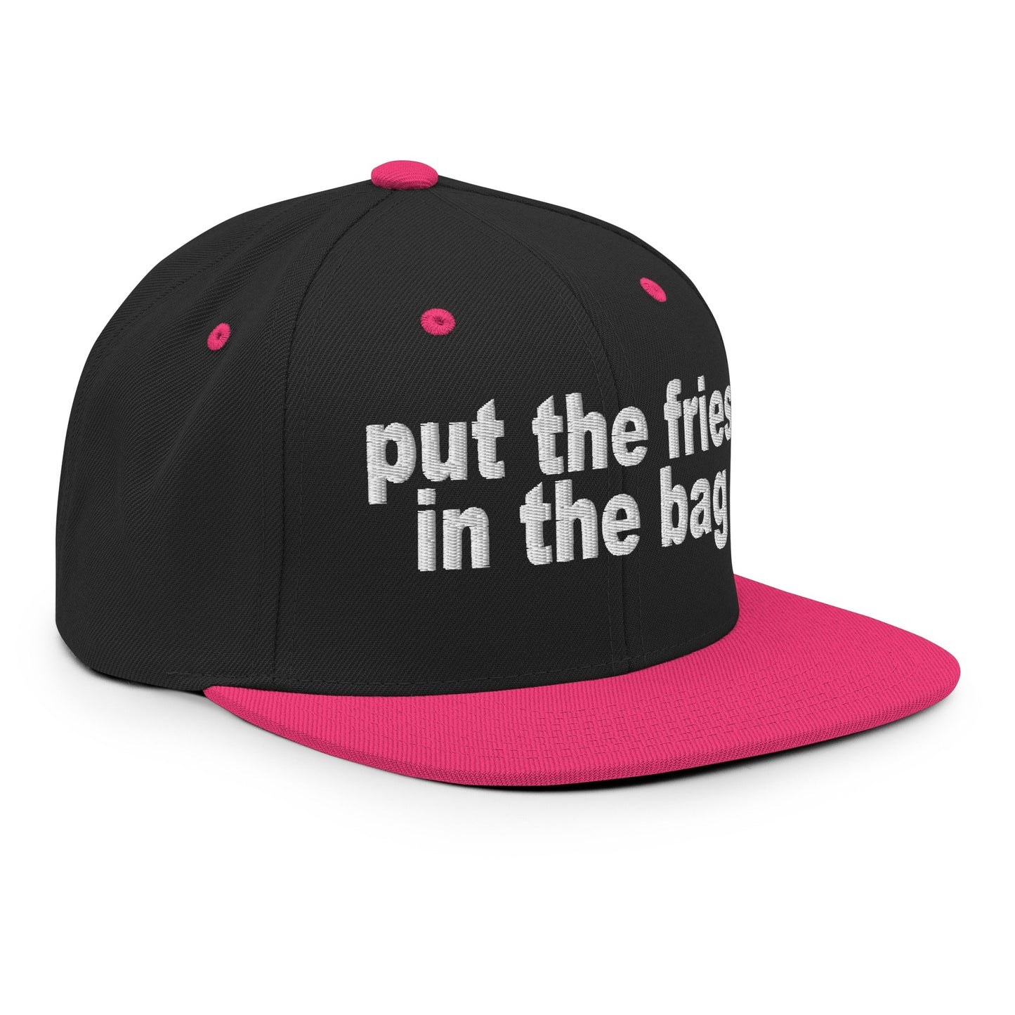 Put the Fries in the Bag Embroidered Flat Bill Brim Snapback Hat Black Neon Pink