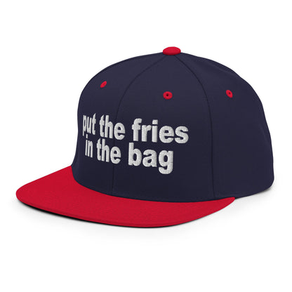 Put the Fries in the Bag Embroidered Flat Bill Brim Snapback Hat Navy Red