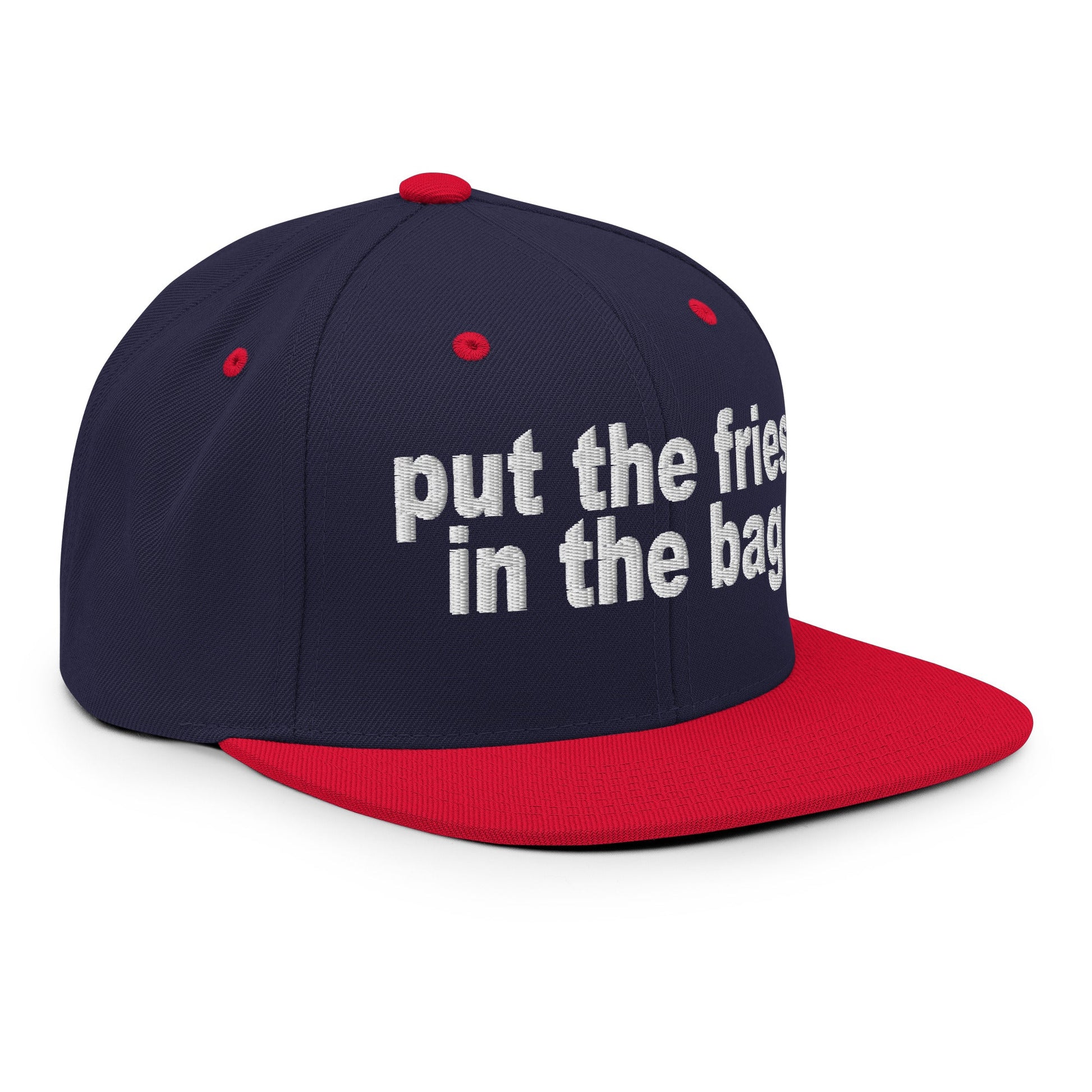 Put the Fries in the Bag Embroidered Flat Bill Brim Snapback Hat Navy Red