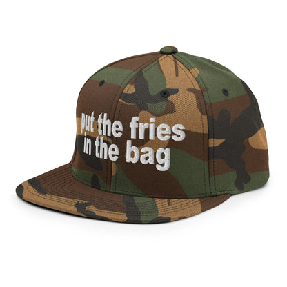 Put the Fries in the Bag Embroidered Flat Bill Brim Snapback Hat Green Camo