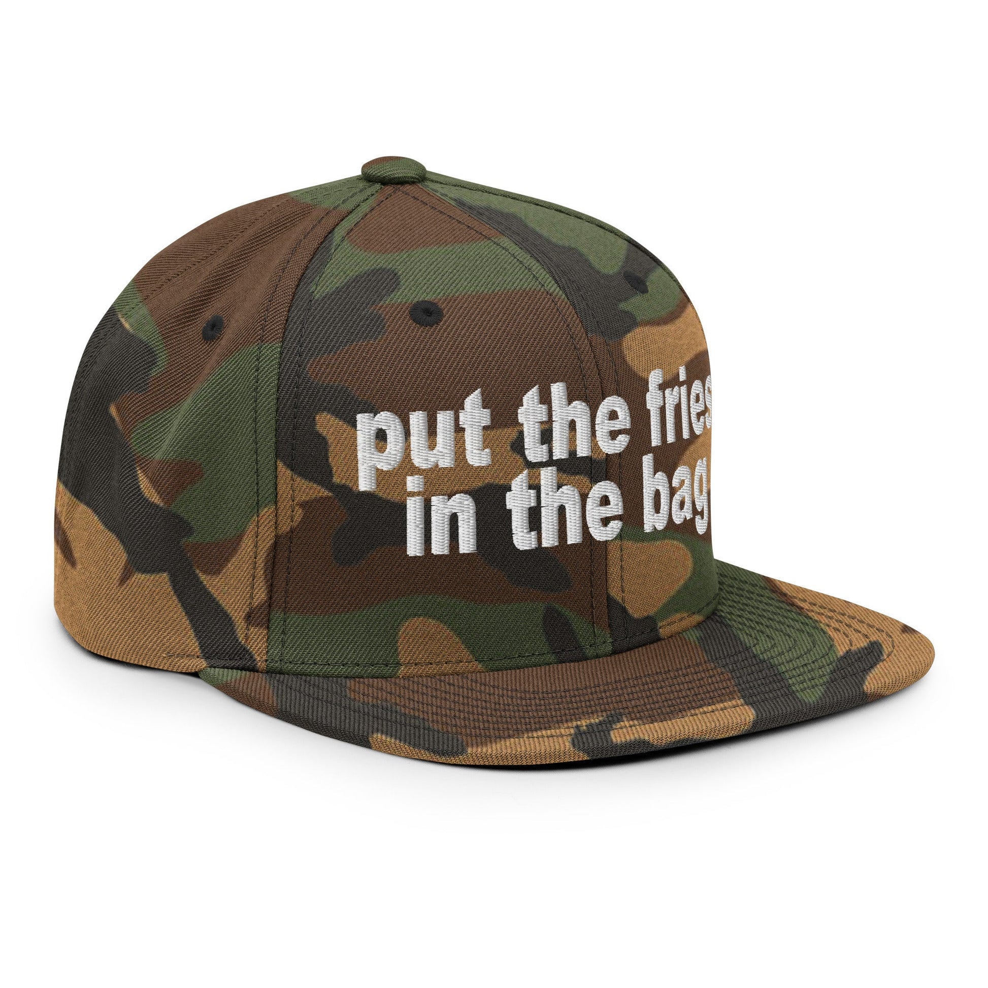 Put the Fries in the Bag Embroidered Flat Bill Brim Snapback Hat Green Camo