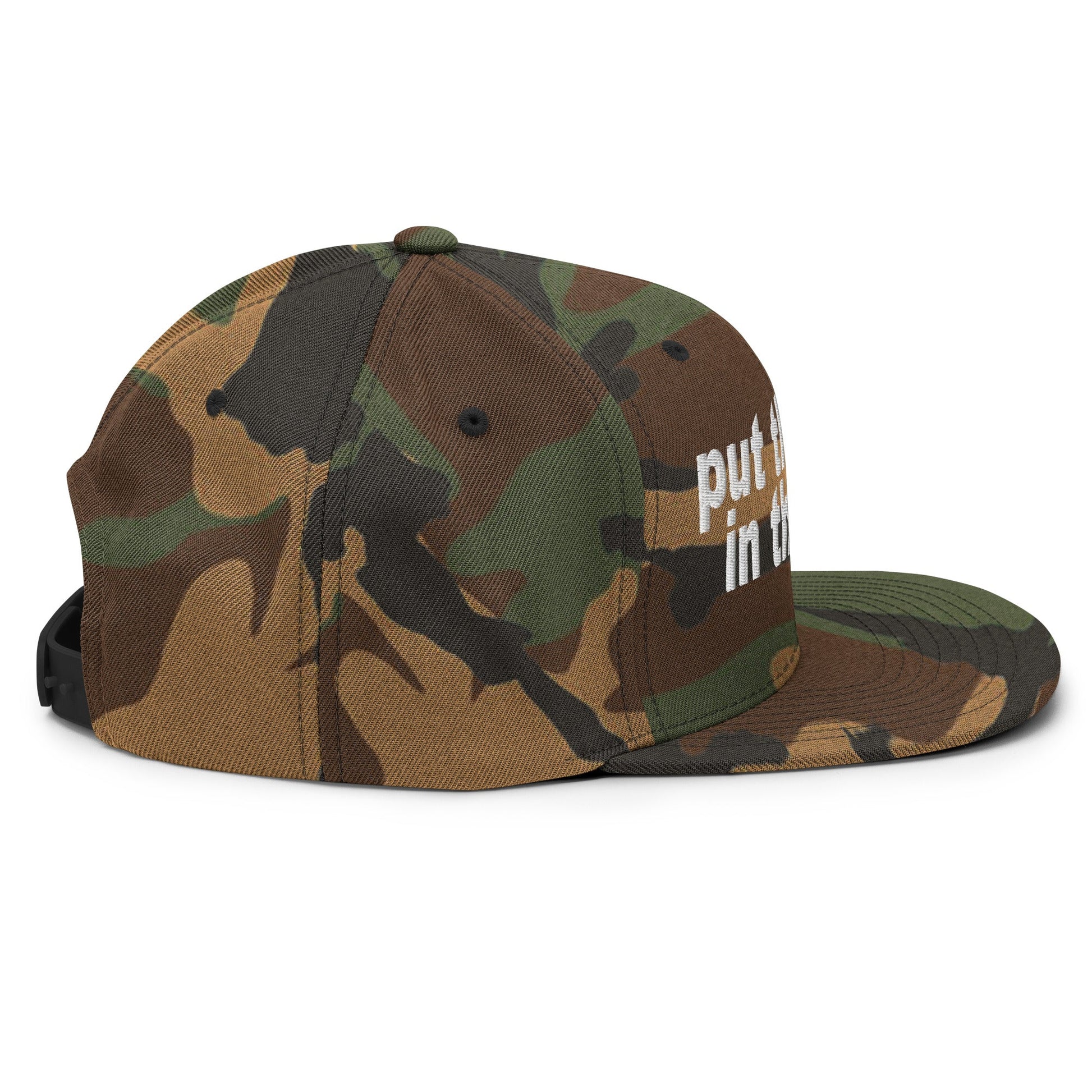 Put the Fries in the Bag Embroidered Flat Bill Brim Snapback Hat Green Camo