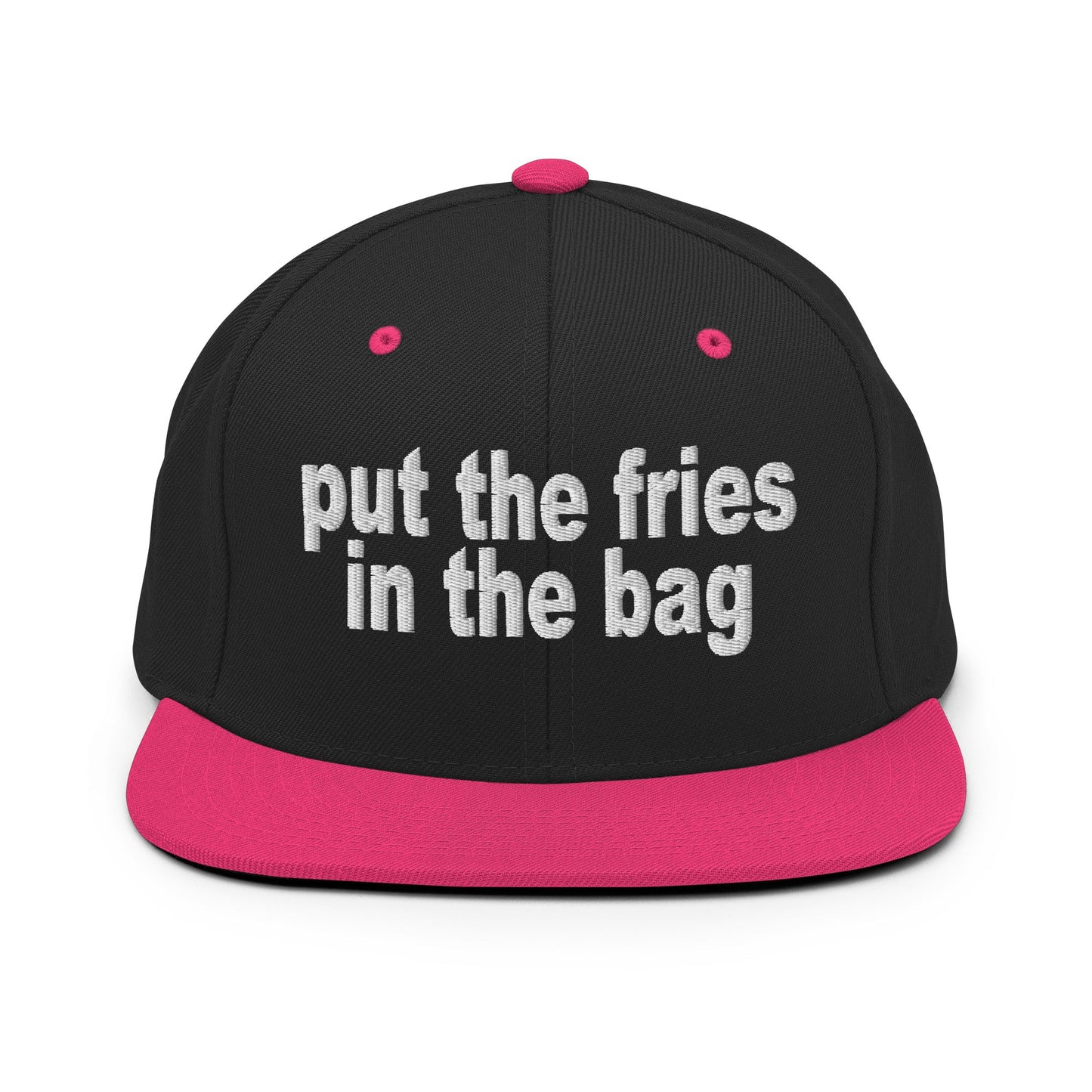 Put the Fries in the Bag Embroidered Flat Bill Brim Snapback Hat Black Neon Pink