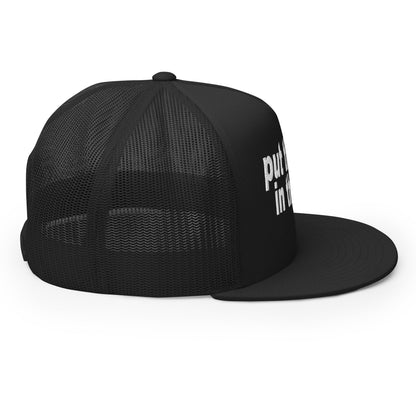 Put the Fries in the Bag Embroidered Mesh Flat Bill Brim Trucker Hat Black