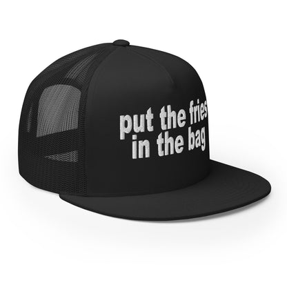 Put the Fries in the Bag Embroidered Mesh Flat Bill Brim Trucker Hat Black