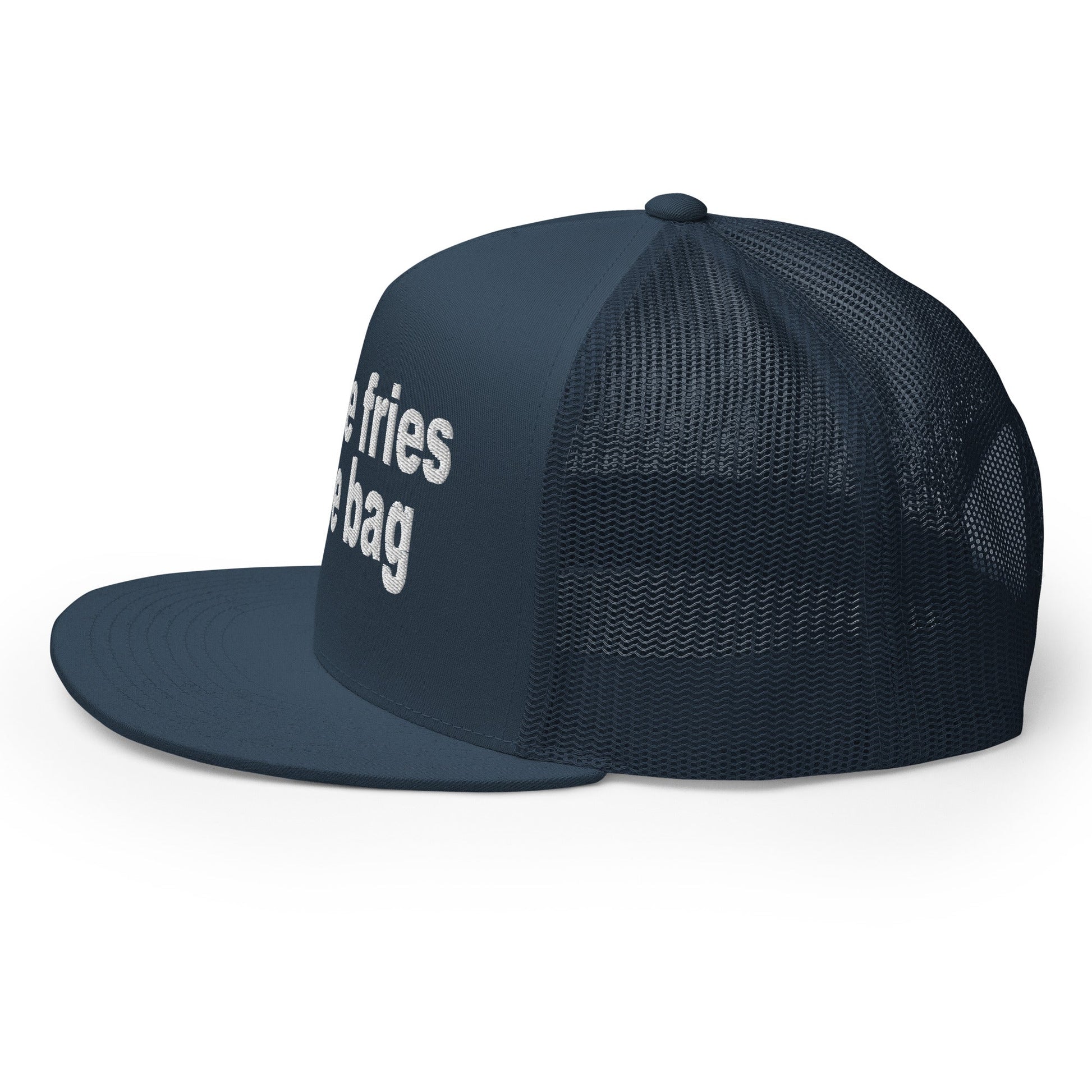 Put the Fries in the Bag Embroidered Mesh Flat Bill Brim Trucker Hat Navy