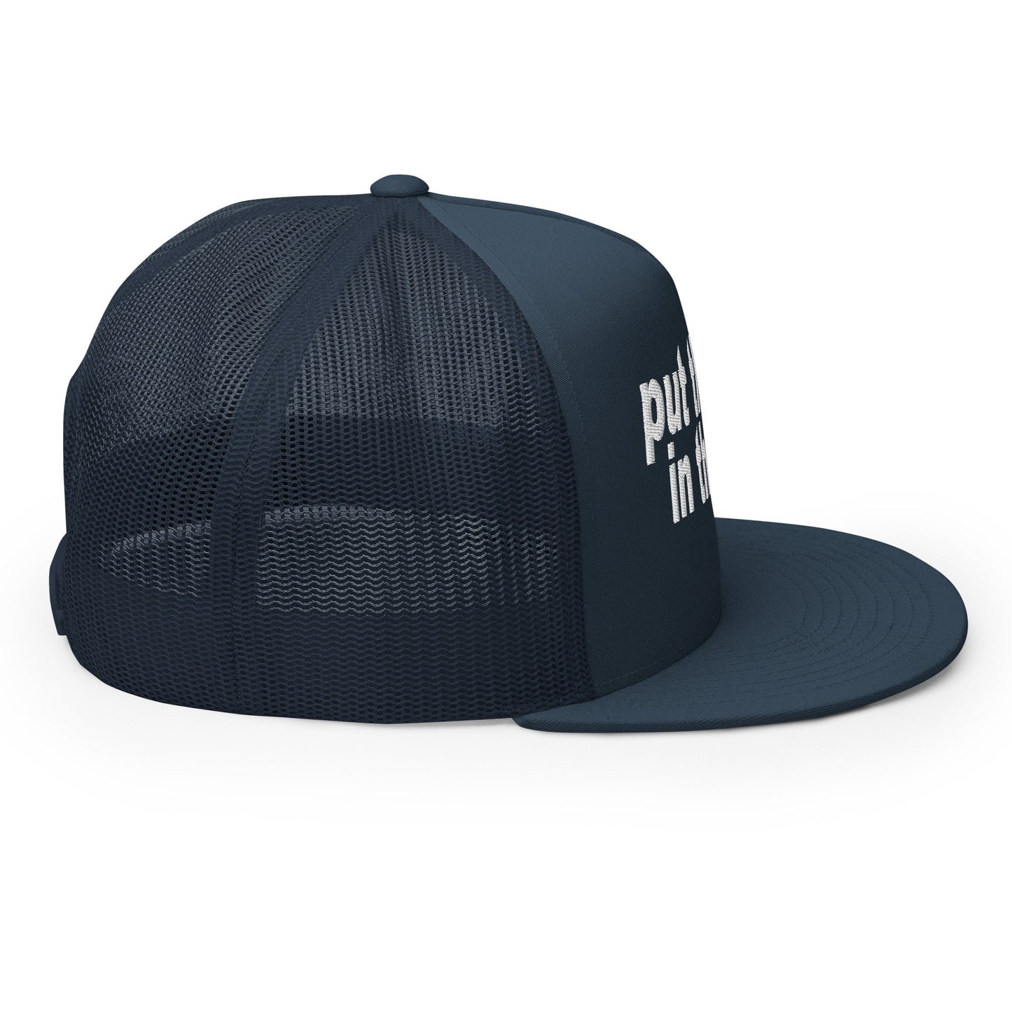 Put the Fries in the Bag Embroidered Mesh Flat Bill Brim Trucker Hat Navy