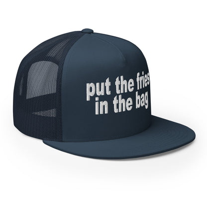 Put the Fries in the Bag Embroidered Mesh Flat Bill Brim Trucker Hat Navy