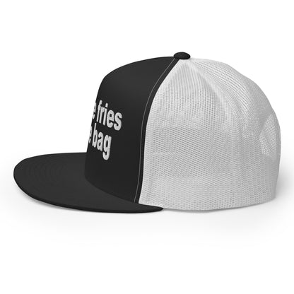 Put the Fries in the Bag Embroidered Mesh Flat Bill Brim Trucker Hat Black White