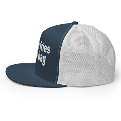 Put the Fries in the Bag Embroidered Mesh Flat Bill Brim Trucker Hat Navy White