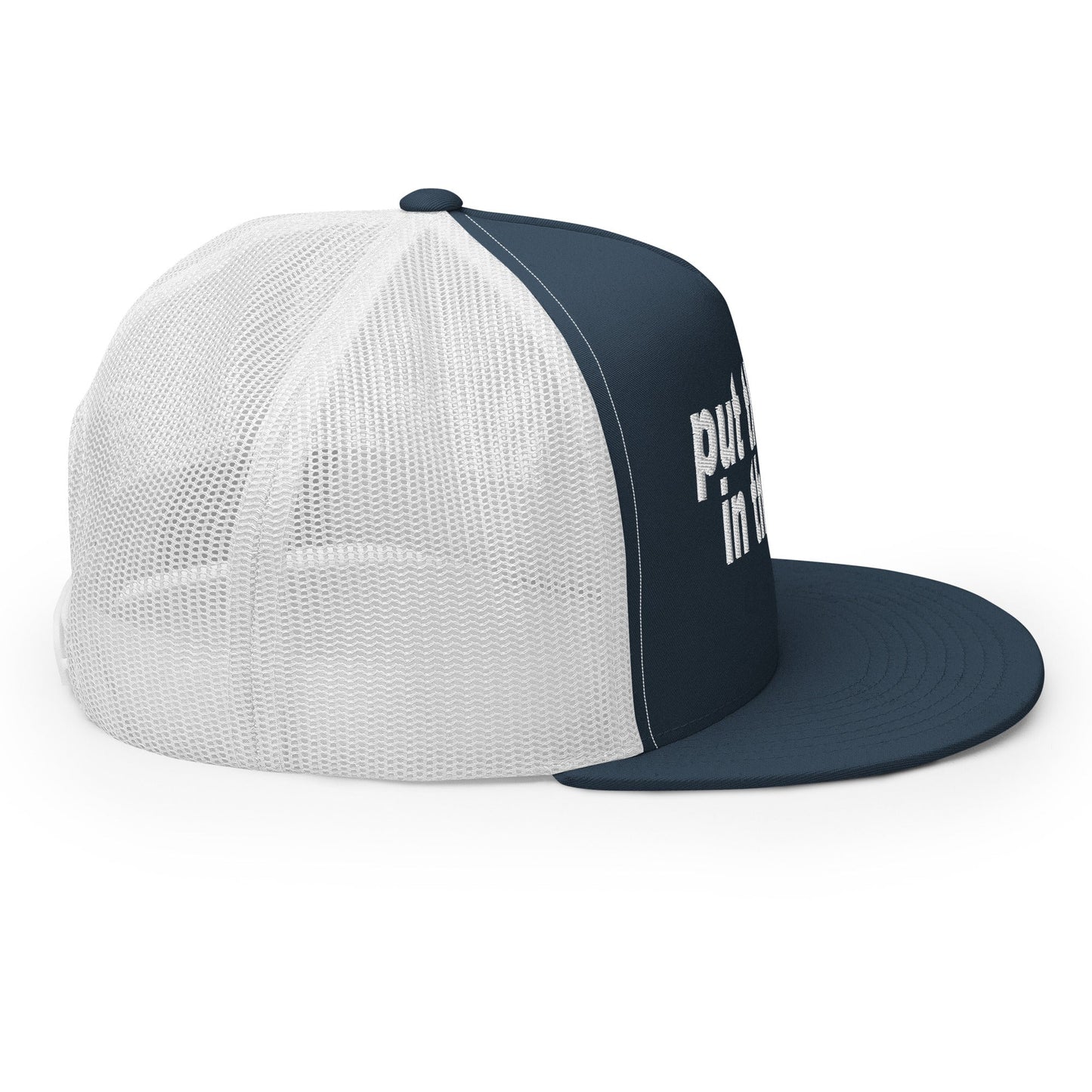 Put the Fries in the Bag Embroidered Mesh Flat Bill Brim Trucker Hat Navy White