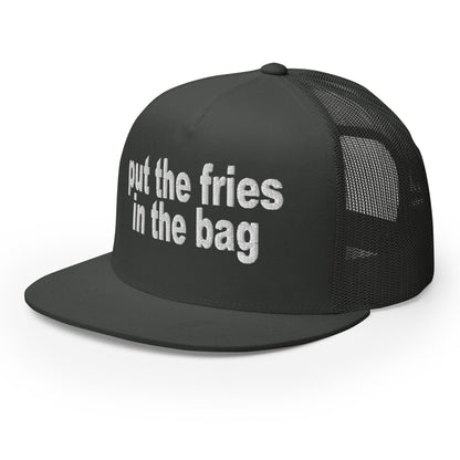 Put the Fries in the Bag Embroidered Mesh Flat Bill Brim Trucker Hat Charcoal