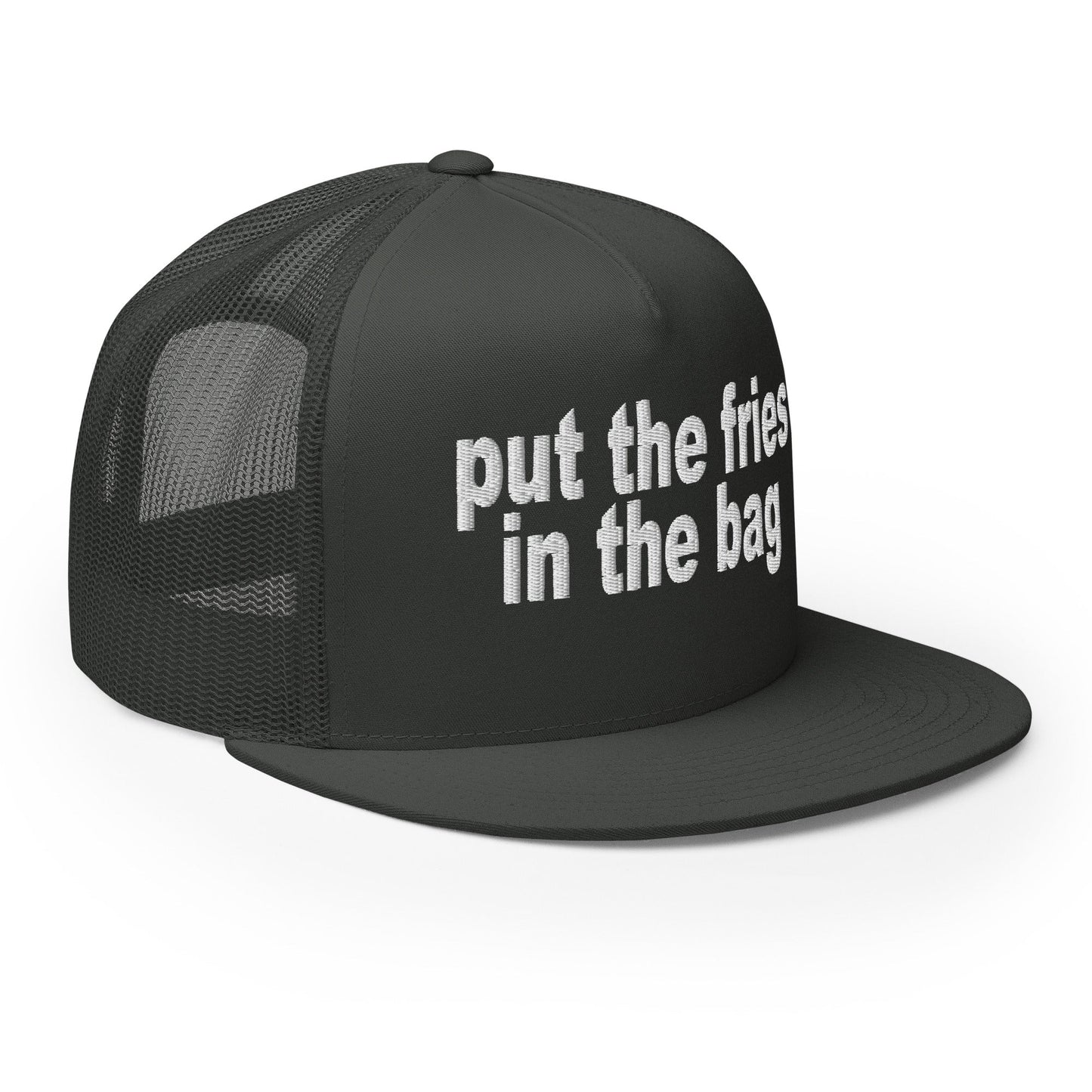 Put the Fries in the Bag Embroidered Mesh Flat Bill Brim Trucker Hat Charcoal