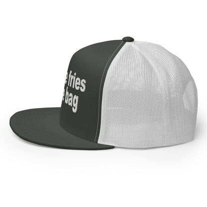 Put the Fries in the Bag Embroidered Mesh Flat Bill Brim Trucker Hat Charcoal White