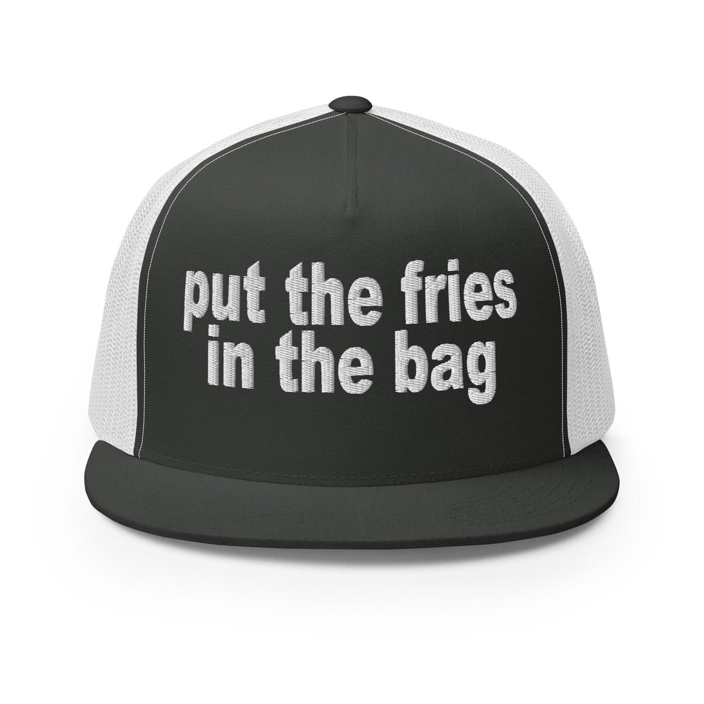 Put the Fries in the Bag Embroidered Mesh Flat Bill Brim Trucker Hat Charcoal White