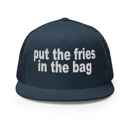 Put the Fries in the Bag Embroidered Mesh Flat Bill Brim Trucker Hat Navy