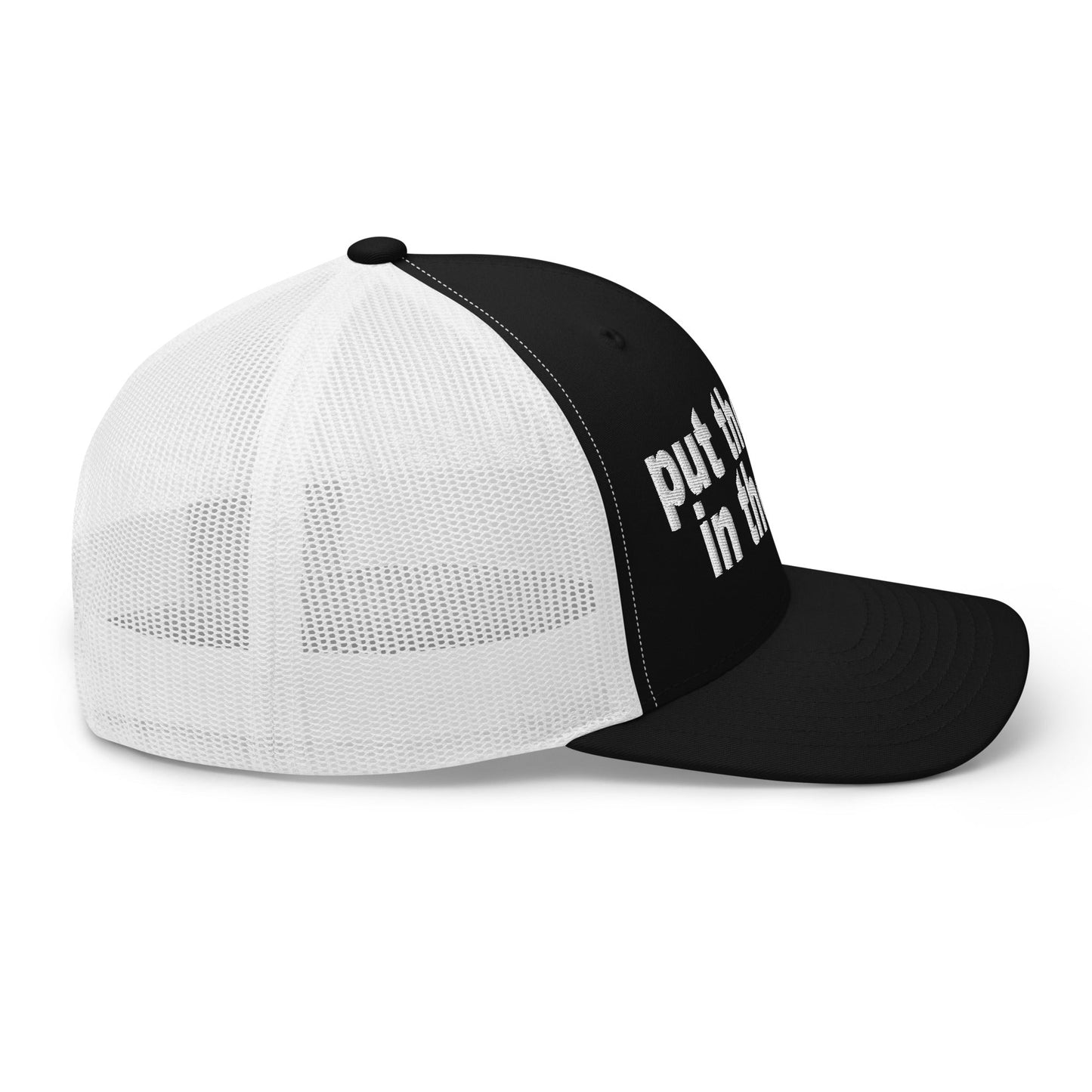 Put the Fries in the Bag Embroidered Mesh Trucker Hat Black White