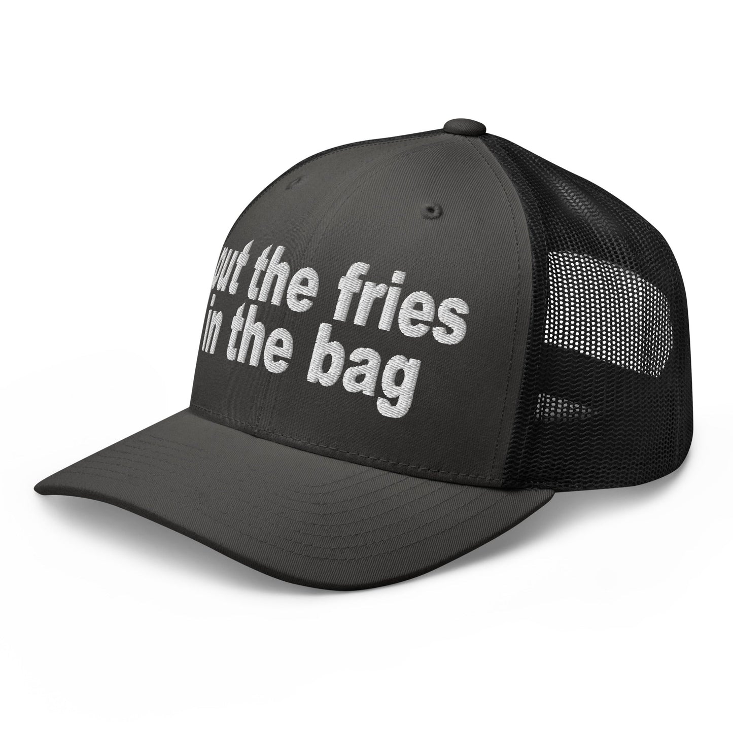 Put the Fries in the Bag Embroidered Mesh Trucker Hat Charcoal Black