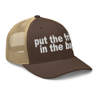 Put the Fries in the Bag Embroidered Mesh Trucker Hat Brown Khaki