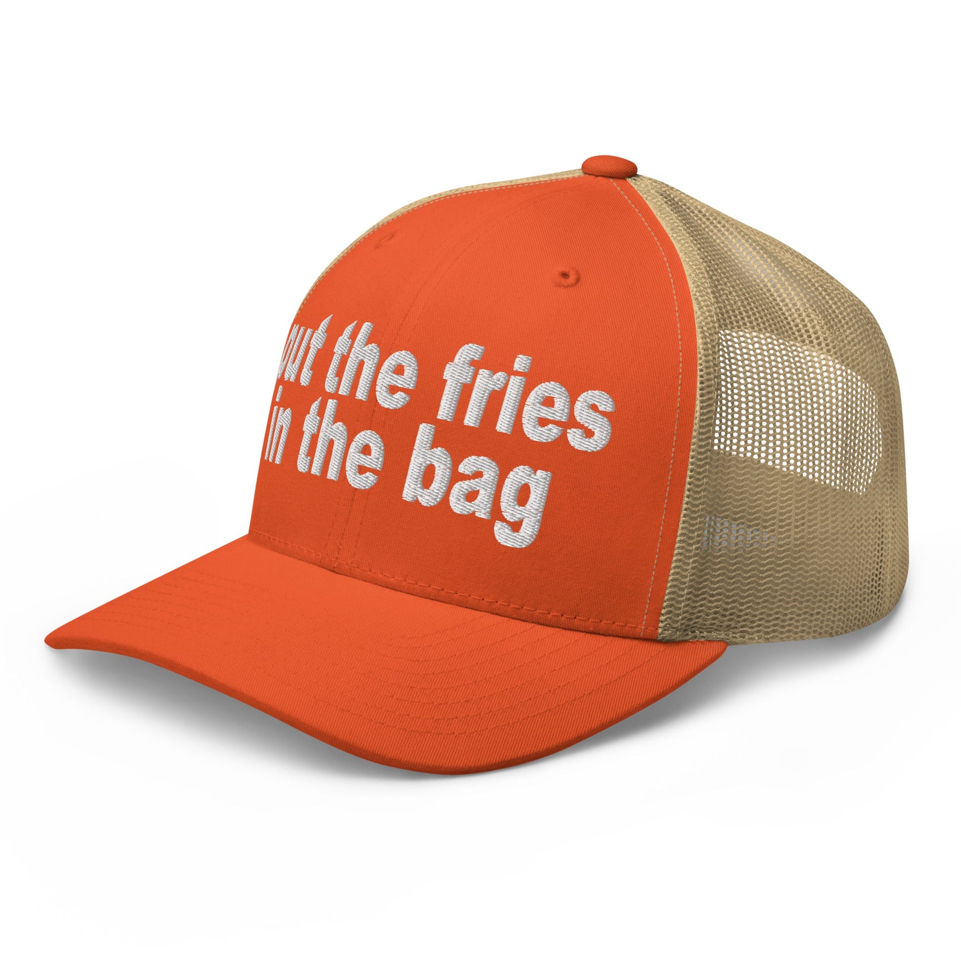 Put the Fries in the Bag Embroidered Mesh Trucker Hat Rustic Orange Khaki