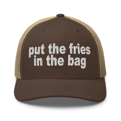 Put the Fries in the Bag Embroidered Mesh Trucker Hat Brown Khaki