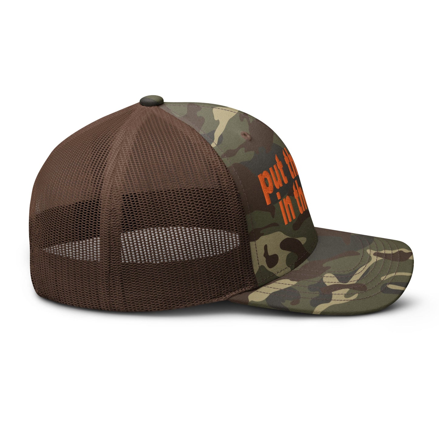 Put the Fries in the Bag Embroidered Orange Camo Trucker Hat Camo Brown