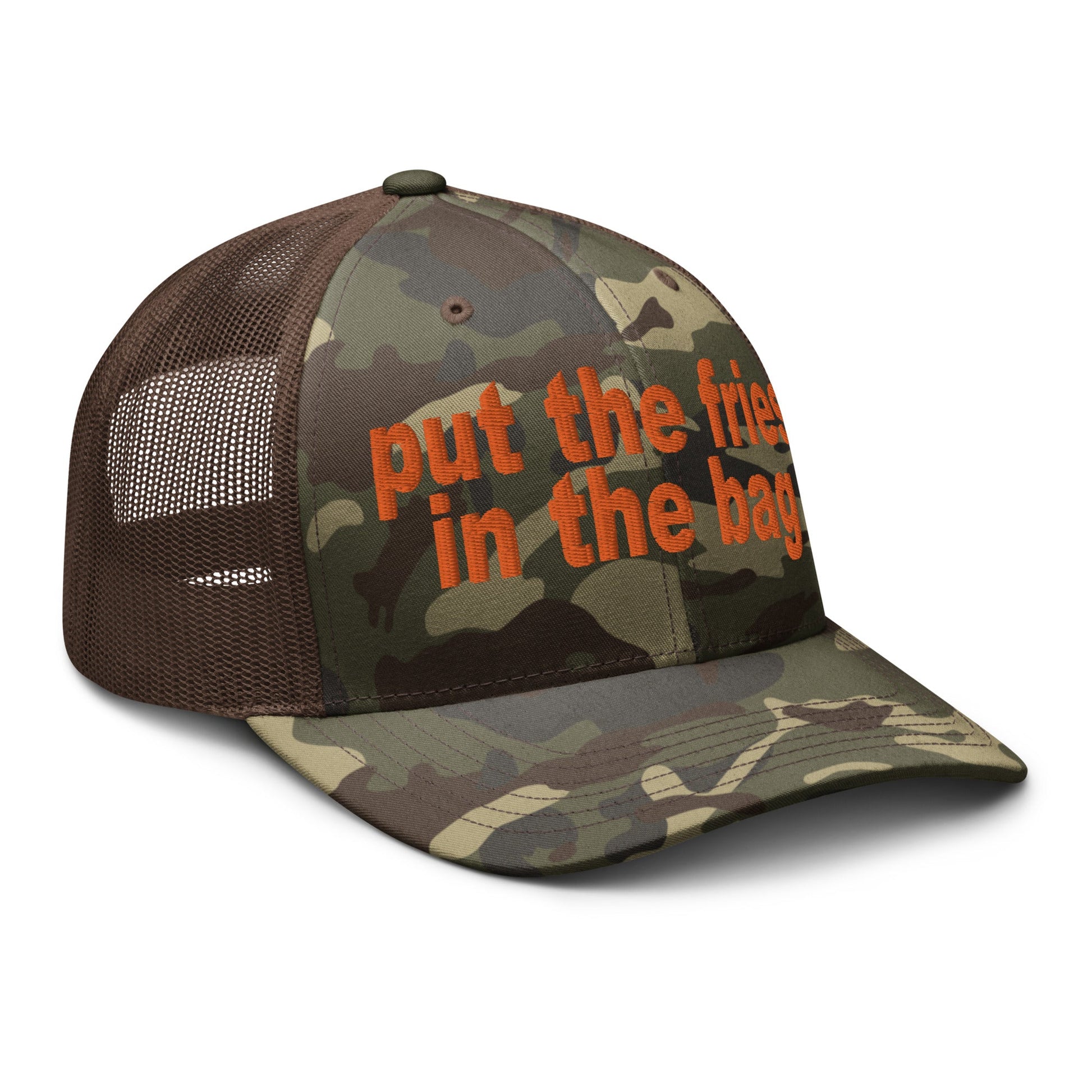 Put the Fries in the Bag Embroidered Orange Camo Trucker Hat Camo Brown