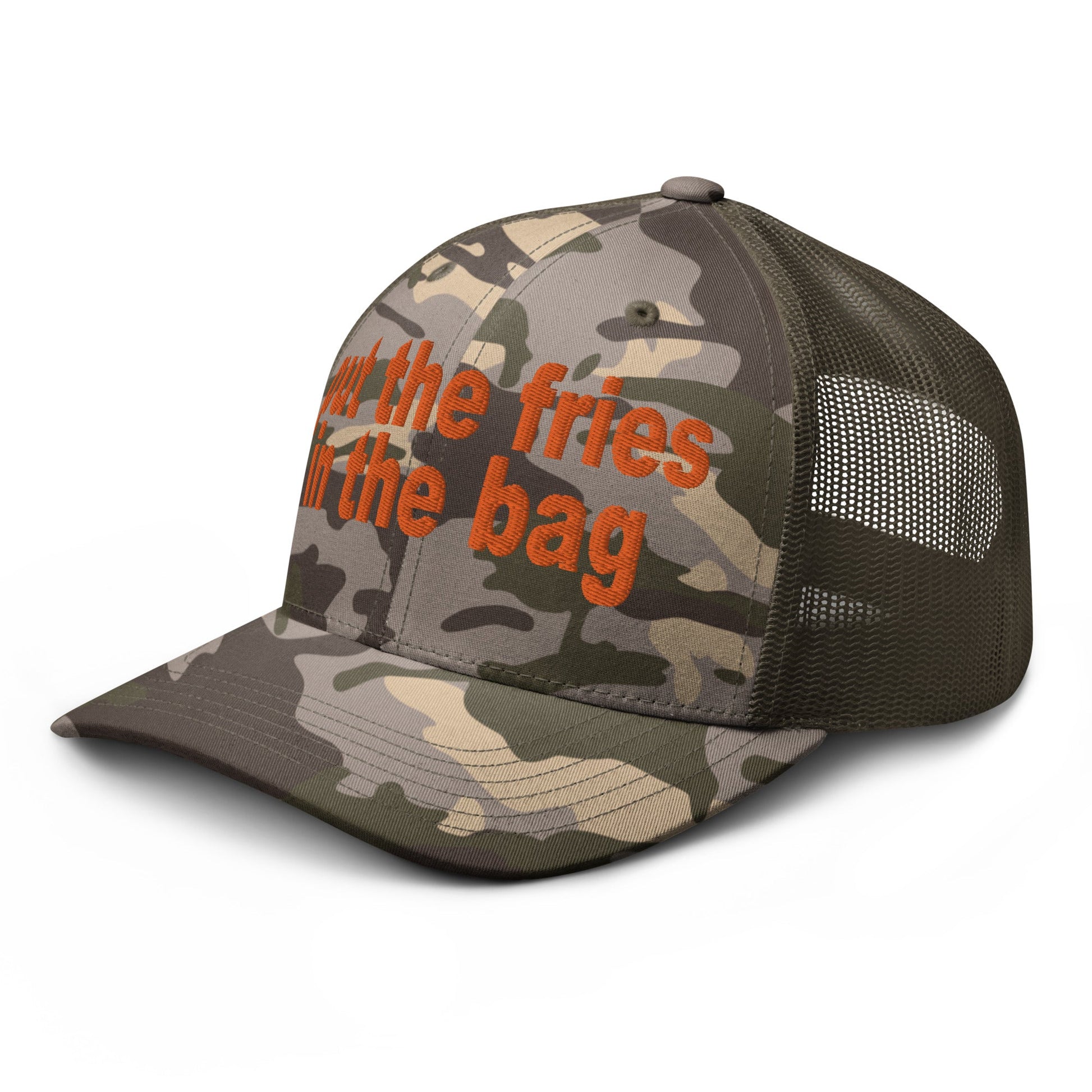 Put the Fries in the Bag Embroidered Orange Camo Trucker Hat Camo Olive