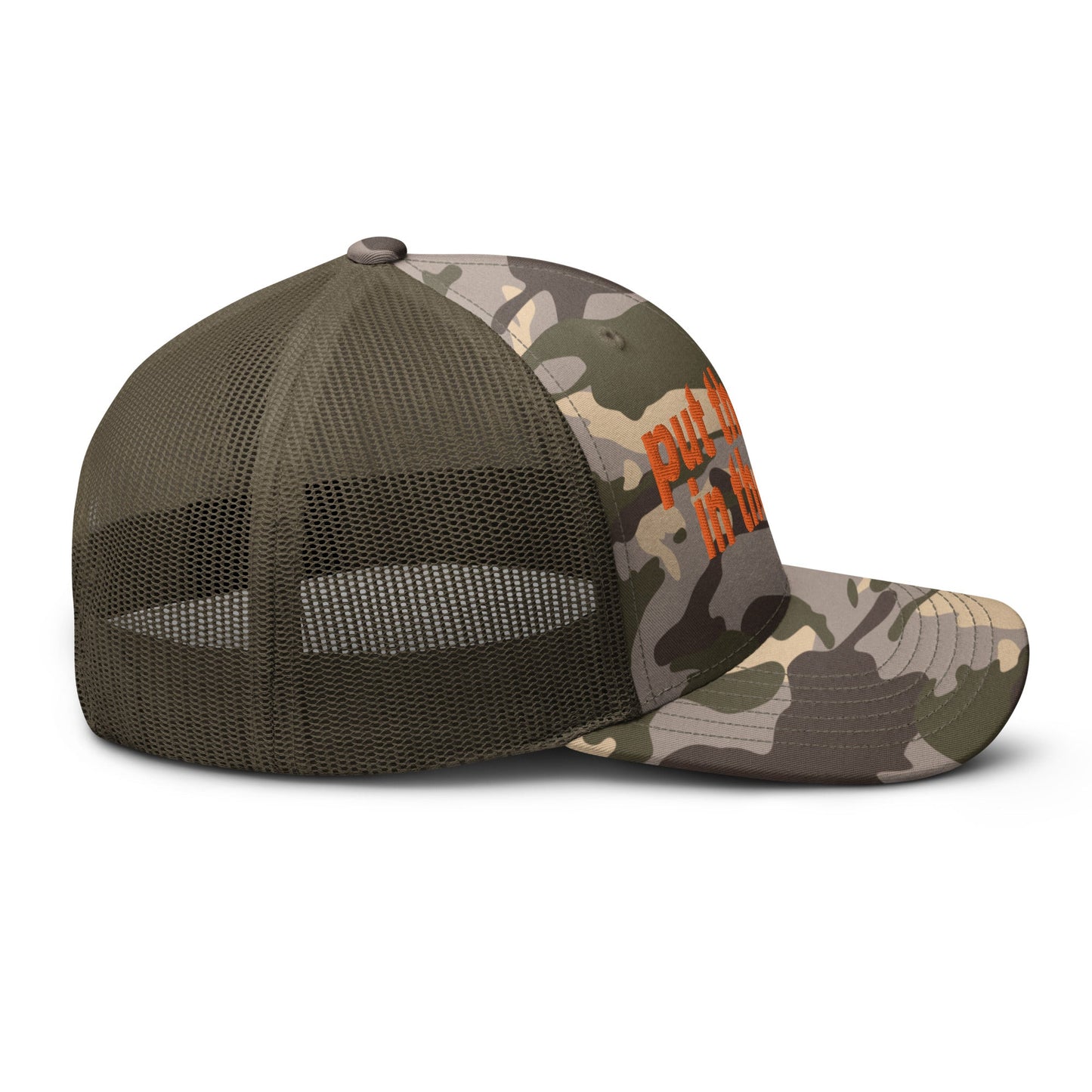 Put the Fries in the Bag Embroidered Orange Camo Trucker Hat Camo Olive