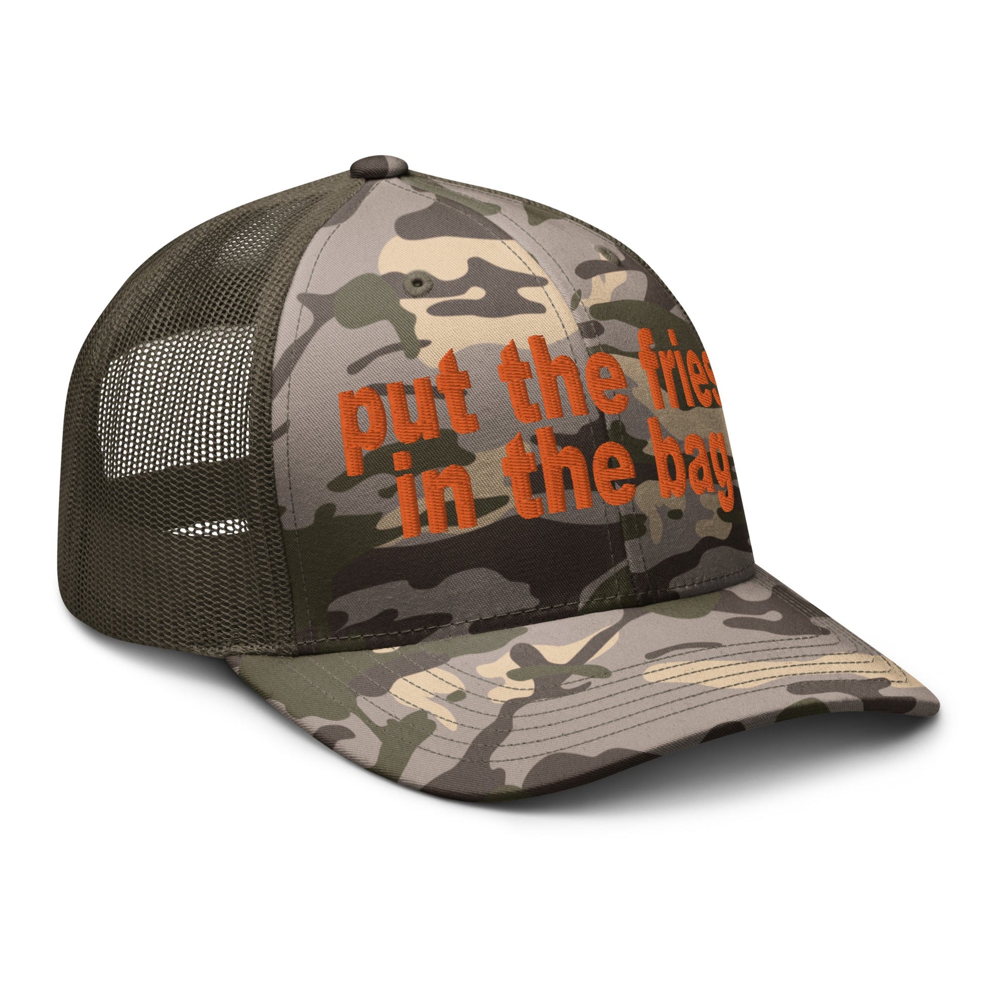 Put the Fries in the Bag Embroidered Orange Camo Trucker Hat Camo Olive