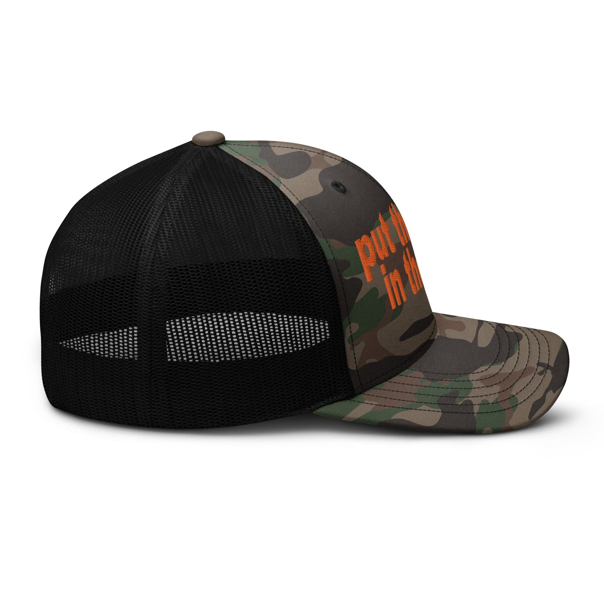 Put the Fries in the Bag Embroidered Orange Camo Trucker Hat Camo Black