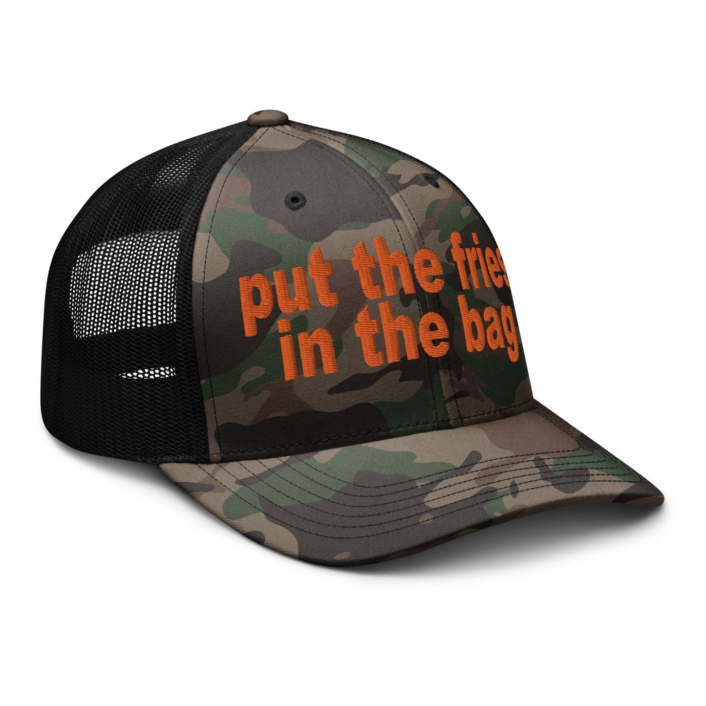 Put the Fries in the Bag Embroidered Orange Camo Trucker Hat Camo Black